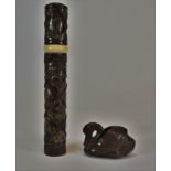 Japanese wood carvings of a swan and brush holder 13cm (2) 日本木雕刻小件