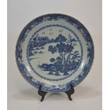 Two 18th century blue and white plates with mountain and river scene 34cm 39cm (2) 清 十八世紀 青花山水瓷碟