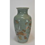 A tall Japanese celadon vase with guilded decorations showing birds and flowers 32cm 日本青瓷花瓶壹個