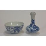 A blue and white bowl decorated with Buddhist emblem together with a blue and white small vase