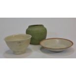 A Hoi An pottery bowl and a green glazed Ming jar together with a Qingbai dish 13-15cm (3)越南碗，明青釉罐，