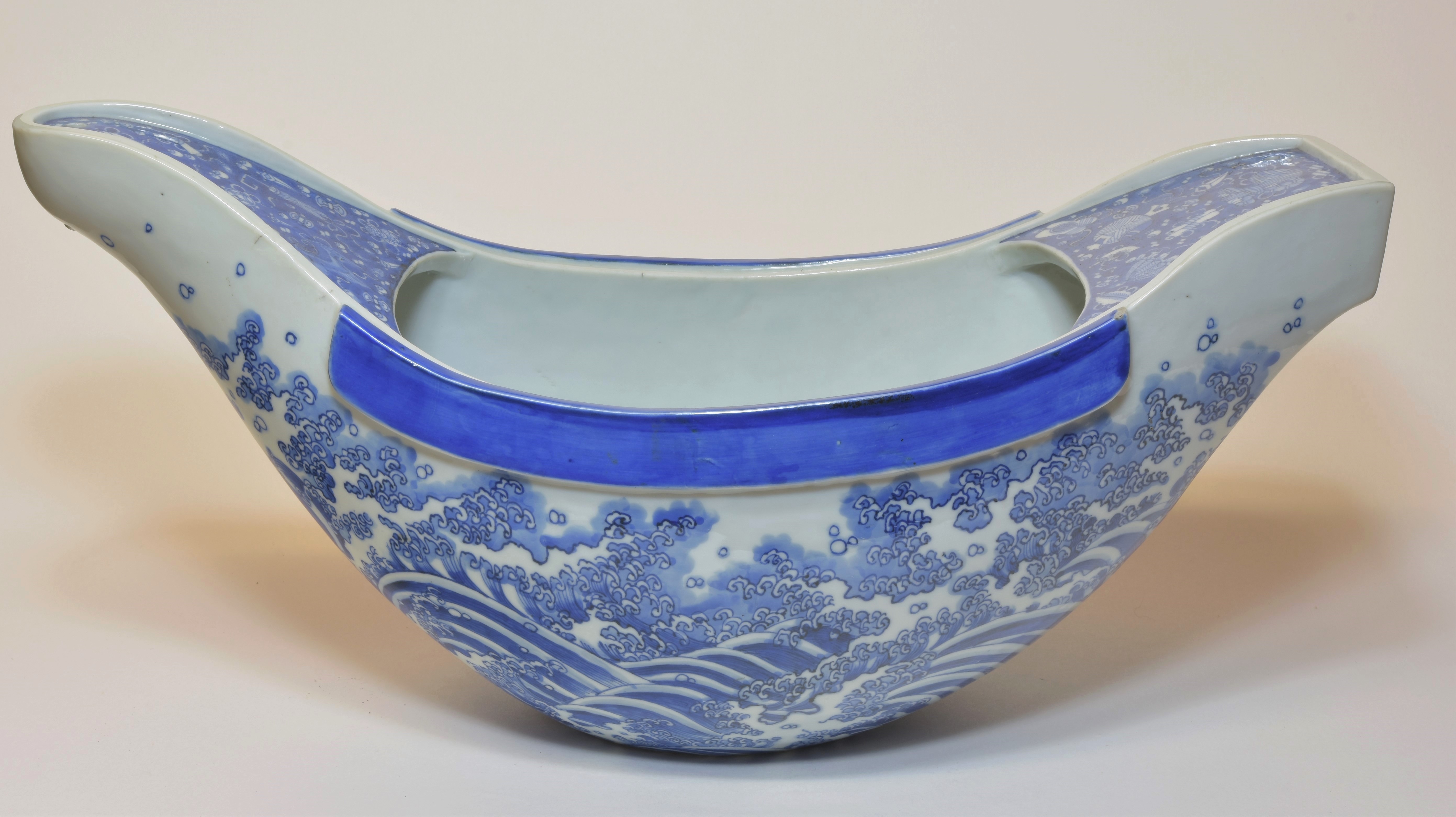 A Japanese blue and white basin in the shape of a