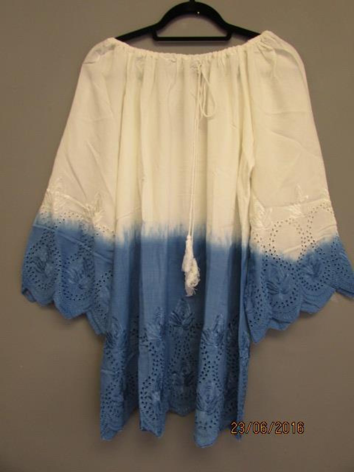 S.R. Fashion White And Blue Tie-Front Cape-Sleeve Top
