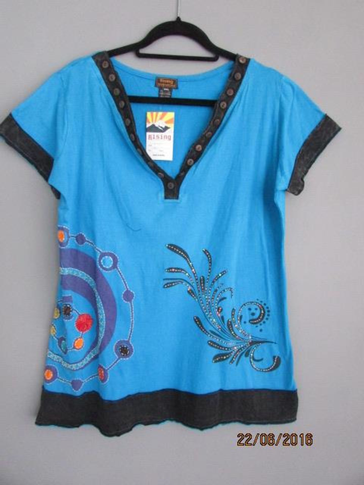 Rising International Hand Crafted 100% Coon Turquoise Abstract Short Sleeve Top Us Size 2Xl