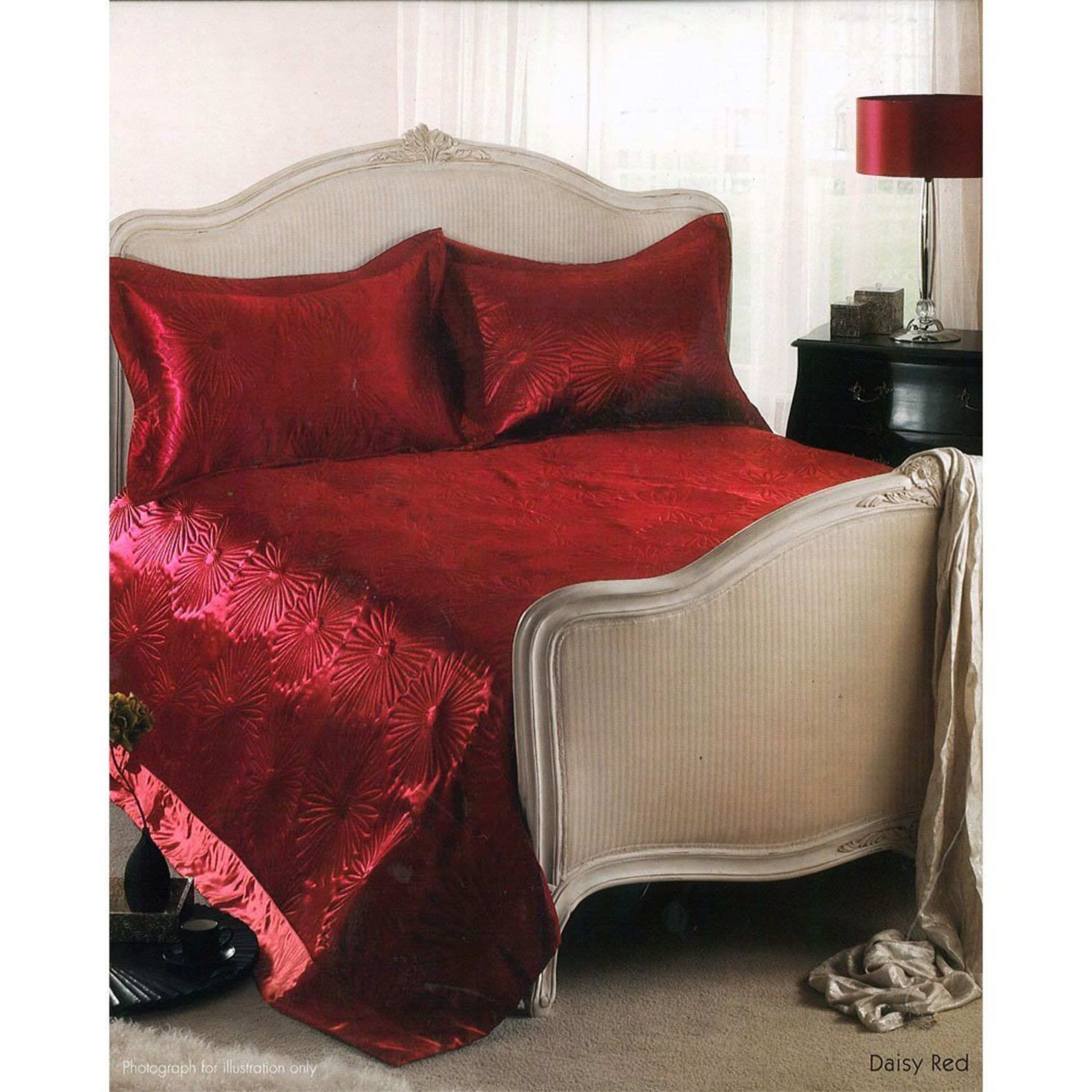 Embossed Daisy Red Satin Bed Spread Throw Pillow Cases