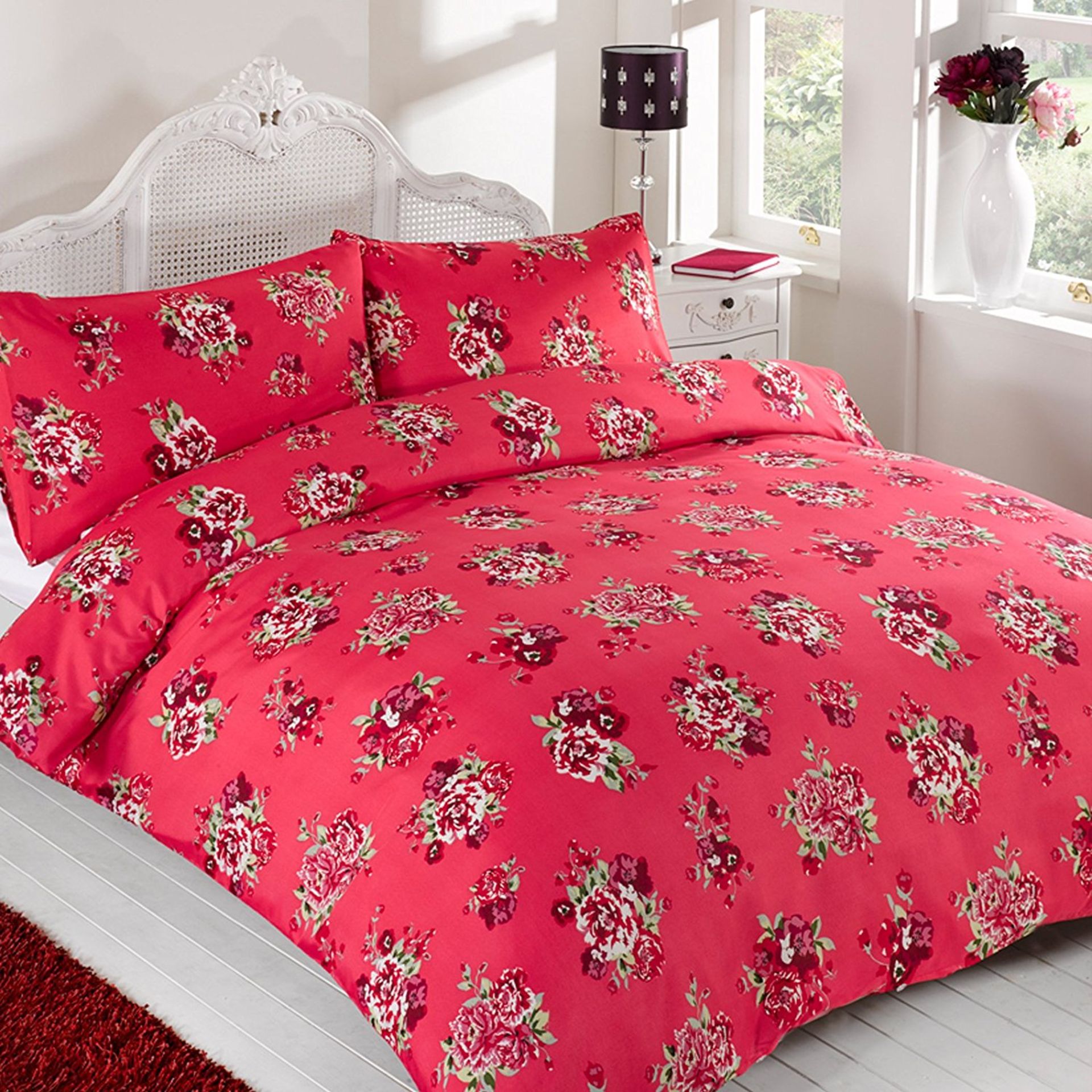 Balmoral Red Pink Floral Vintage Rose King Size Duvet Quilt Cover Bedding Set