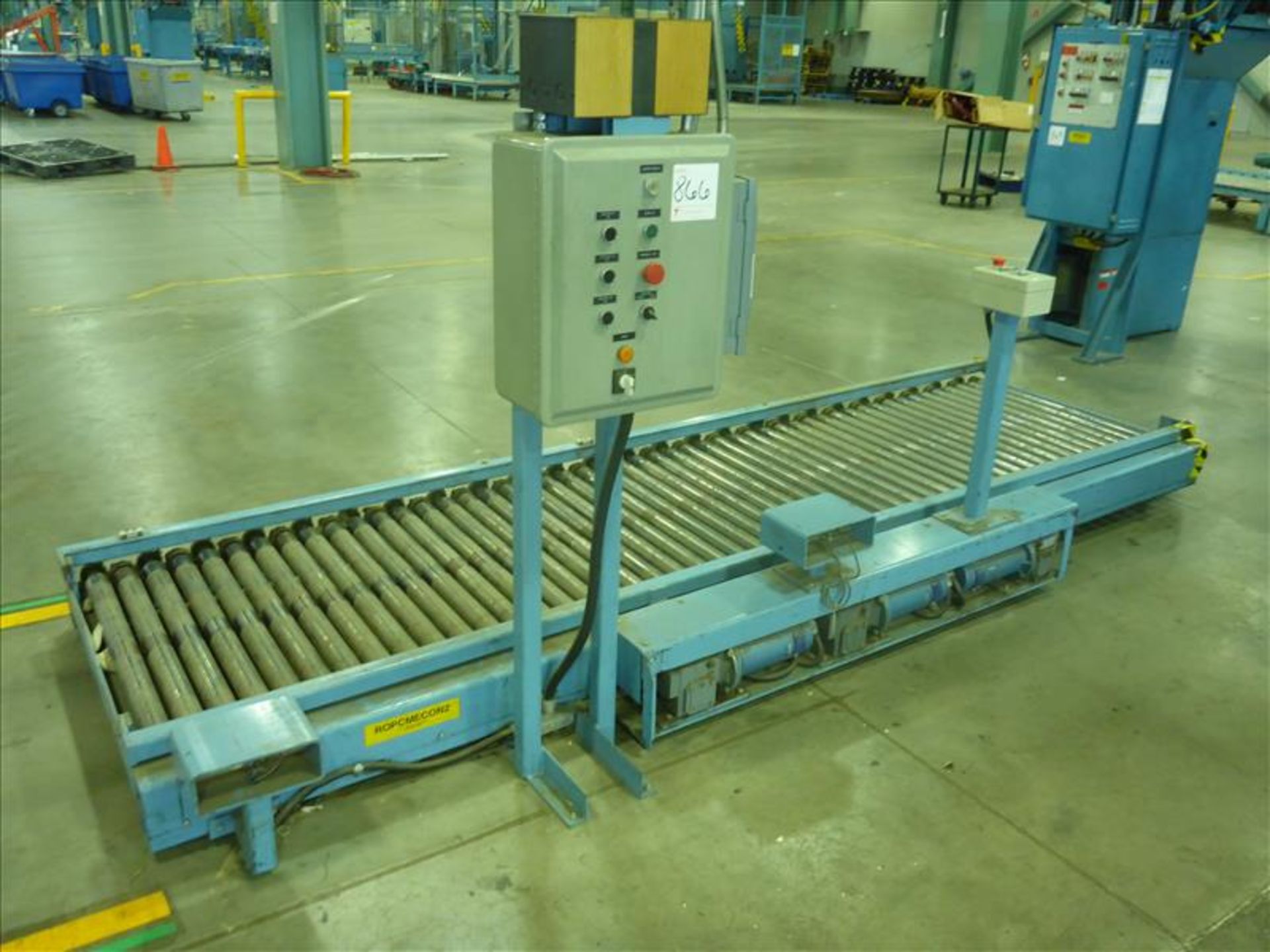 Orion power roller conveyor, mod. CY44, approx. 38 in. x 153 in. c/w control panel