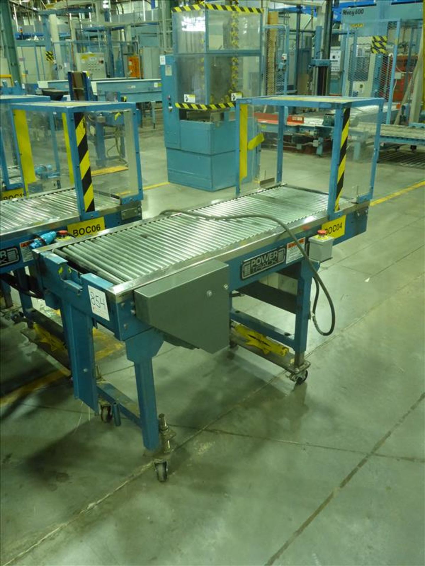 PowerStrap bail-out roller conveyor, approx. 18 in. x 60 in., 1/2 hp, adjustable height on casters