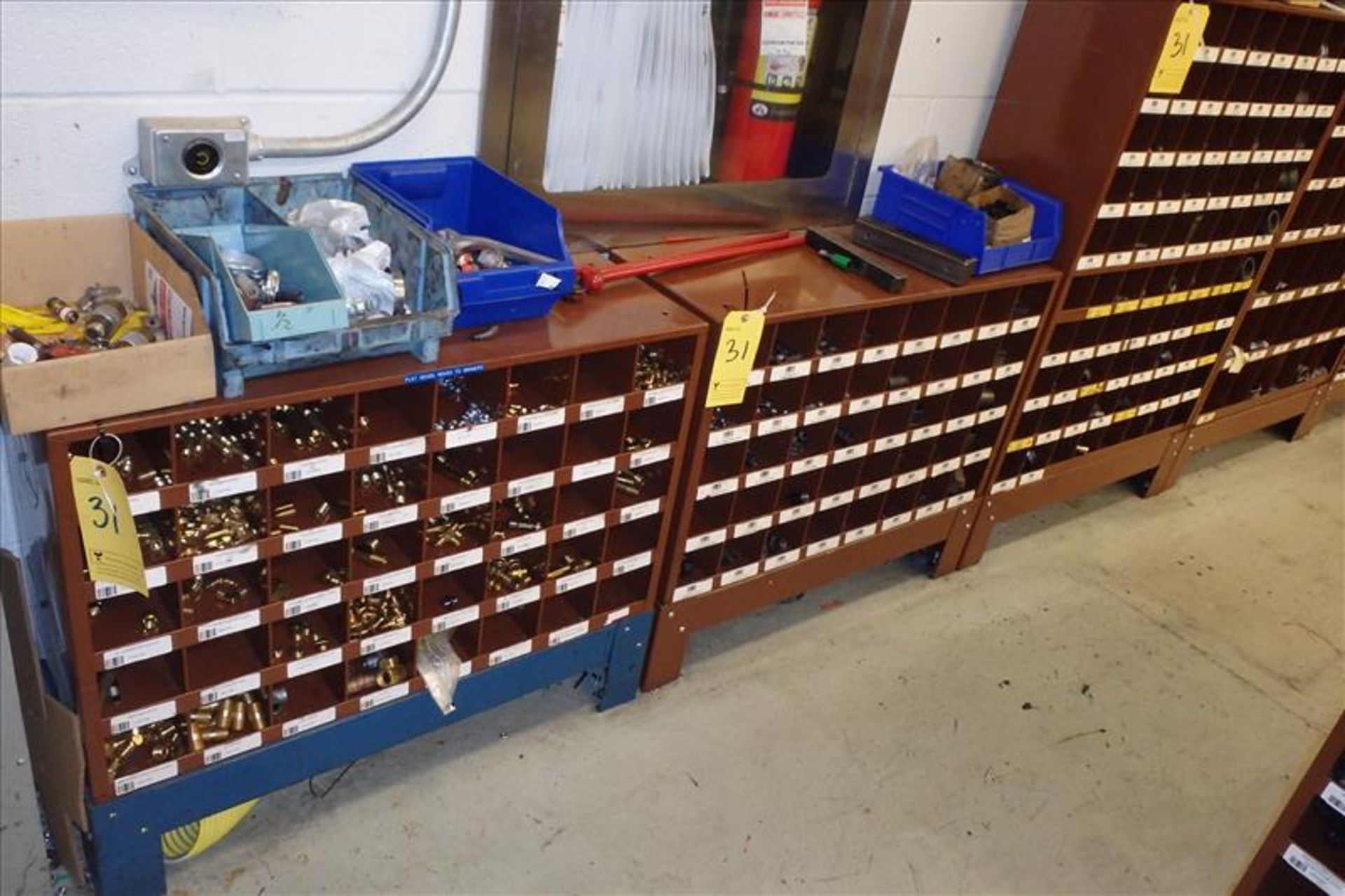 (5) Brown Parts Cabinets w/ Assorted Brasse and Metal Plumbing Fittings