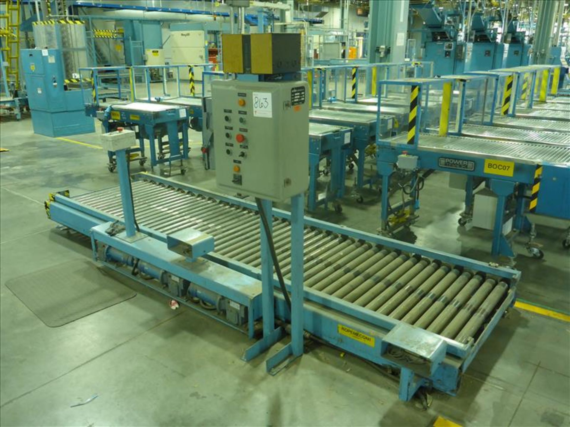 Orion power roller conveyor, mod. CY44, approx. 38 in. x 153 in. c/w control panel