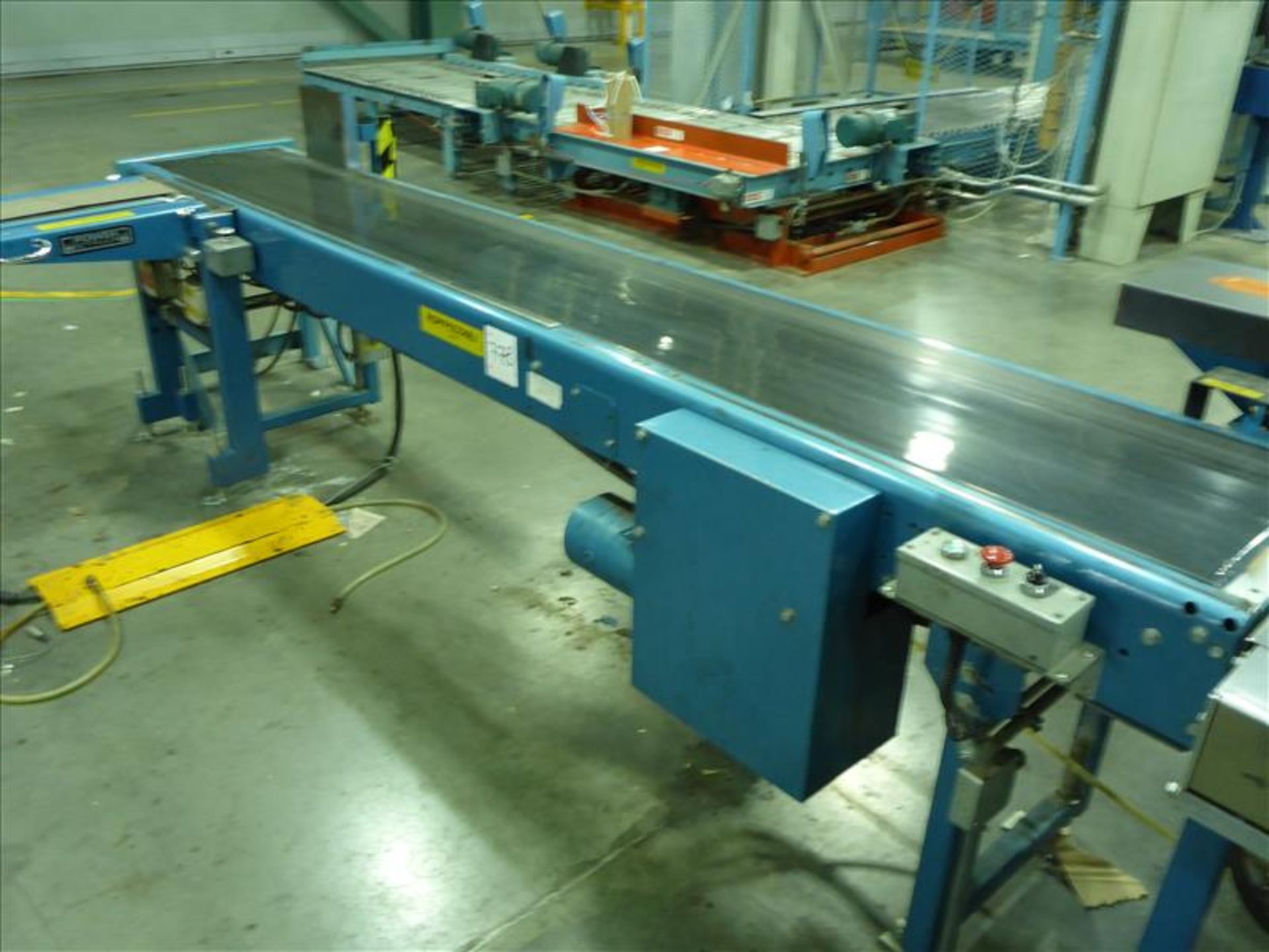PowerStrap power belt conveyor, approx. 18 in. x 139 in. c/w lift infeed conveyor, approx. 12 in.