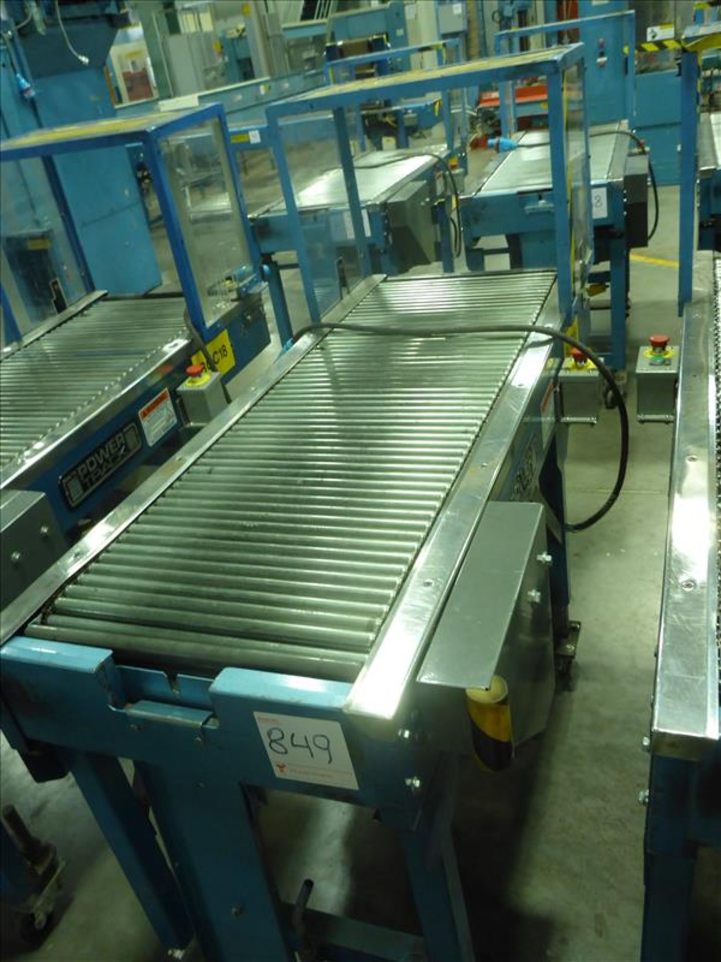 PowerStrap bail-out roller conveyor, approx. 18 in. x 60 in., 1/2 hp, adjustable height on casters