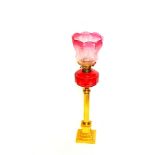 A Very Fine Brass Pillar Ruby Oil Lamp, Ruby Etched Shade