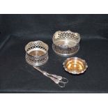 Two Silver Plate Wine Coasters, Strainer and a Pair of Grape Scissors