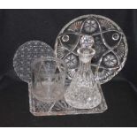 An Early Circular Glass Ice Pail, a Crystal Decanter and Three Crystal Dishes