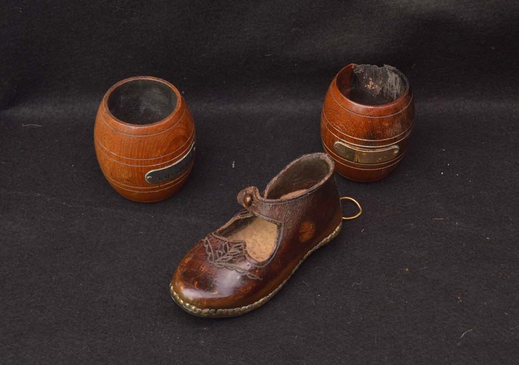 A Childs Clogg and a Pair of Small Wooden Branded Barrels from HMS Sirdar and HMS Terrible