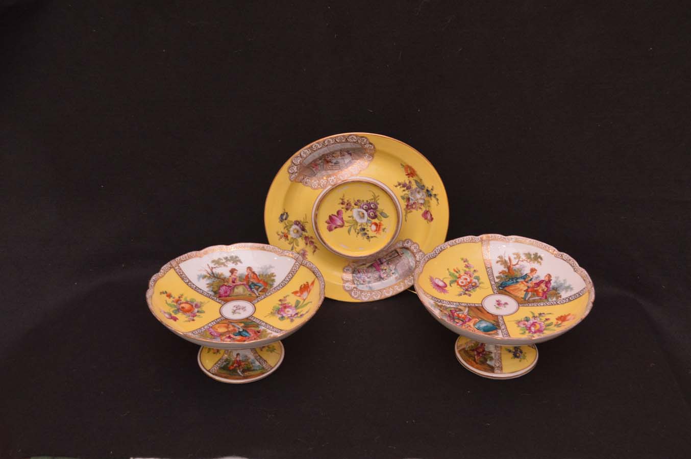 A Nice Pair of Dresden Decorated Comports and a Dresden Circular Dish