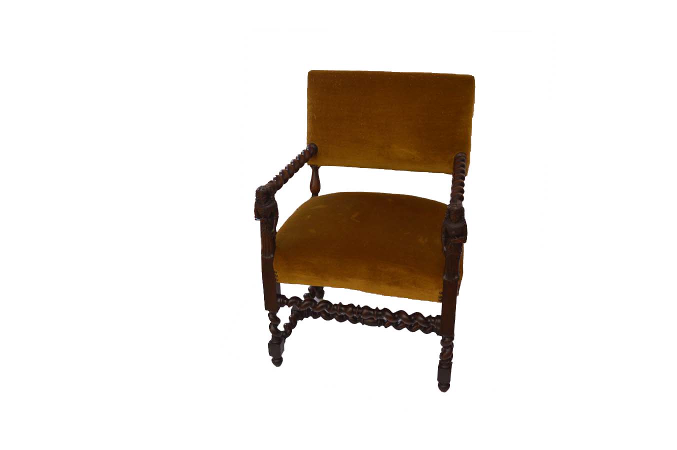 A Good Upholstered Spiral Turned Armchair, Figurine Carved Fronts