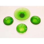 A Green Glass Serving Bowl and Eight Matching Plates