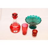 A Ruby Decanter, Two Ruby Tumblers and a Green Glass Comport