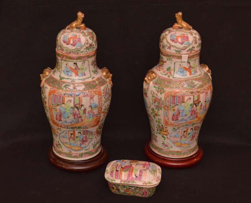 A Very Nice Pair of Cantonese Lidded Jars on Hardwood Bases and a Similar Dish