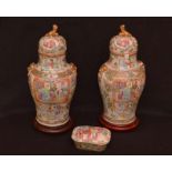 A Very Nice Pair of Cantonese Lidded Jars on Hardwood Bases and a Similar Dish