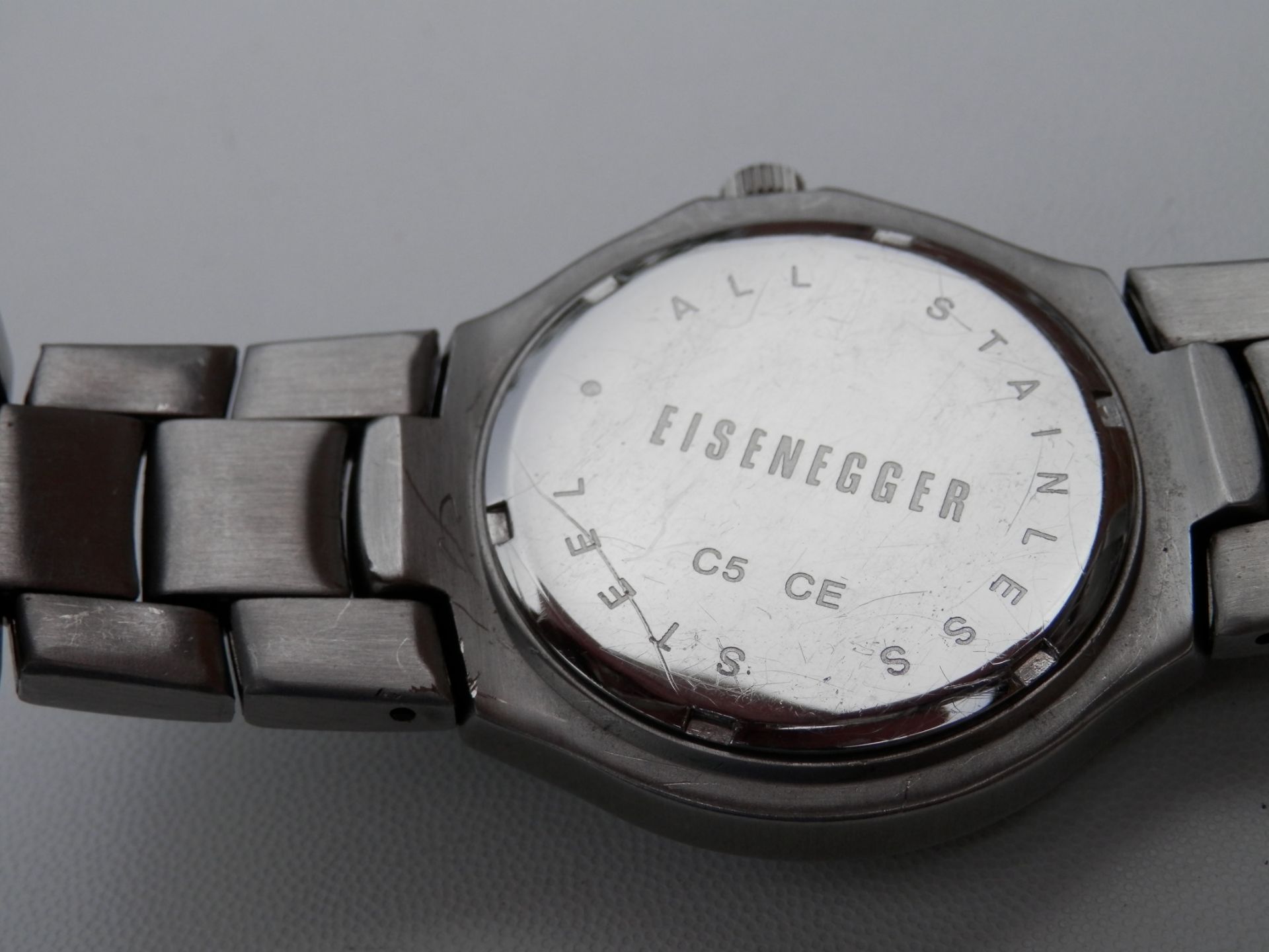 HEAVY FULL STAINLESS EISENEGGER 42MM QUARTZ 5ATM WR WATCH, WITH 8" STRAP. RRP £95 - Image 4 of 9