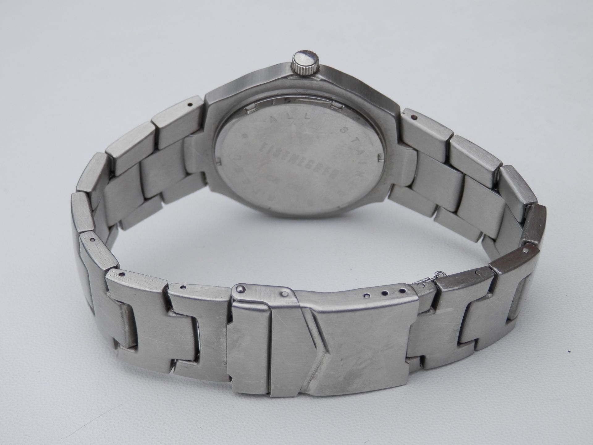 HEAVY FULL STAINLESS EISENEGGER 42MM QUARTZ 5ATM WR WATCH, WITH 8" STRAP. RRP £95 - Image 7 of 9