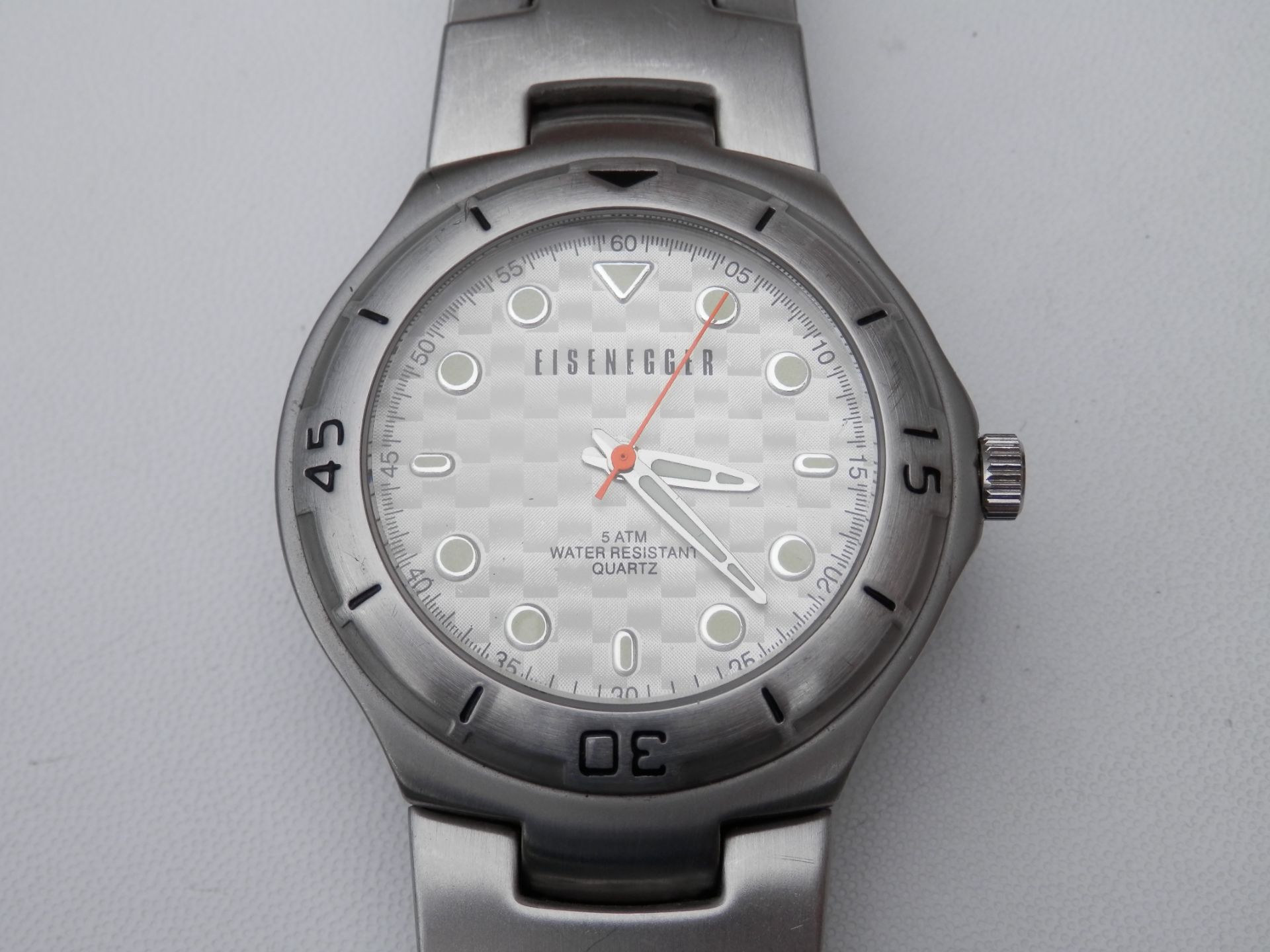 HEAVY FULL STAINLESS EISENEGGER 42MM QUARTZ 5ATM WR WATCH, WITH 8" STRAP. RRP £95 - Image 3 of 9