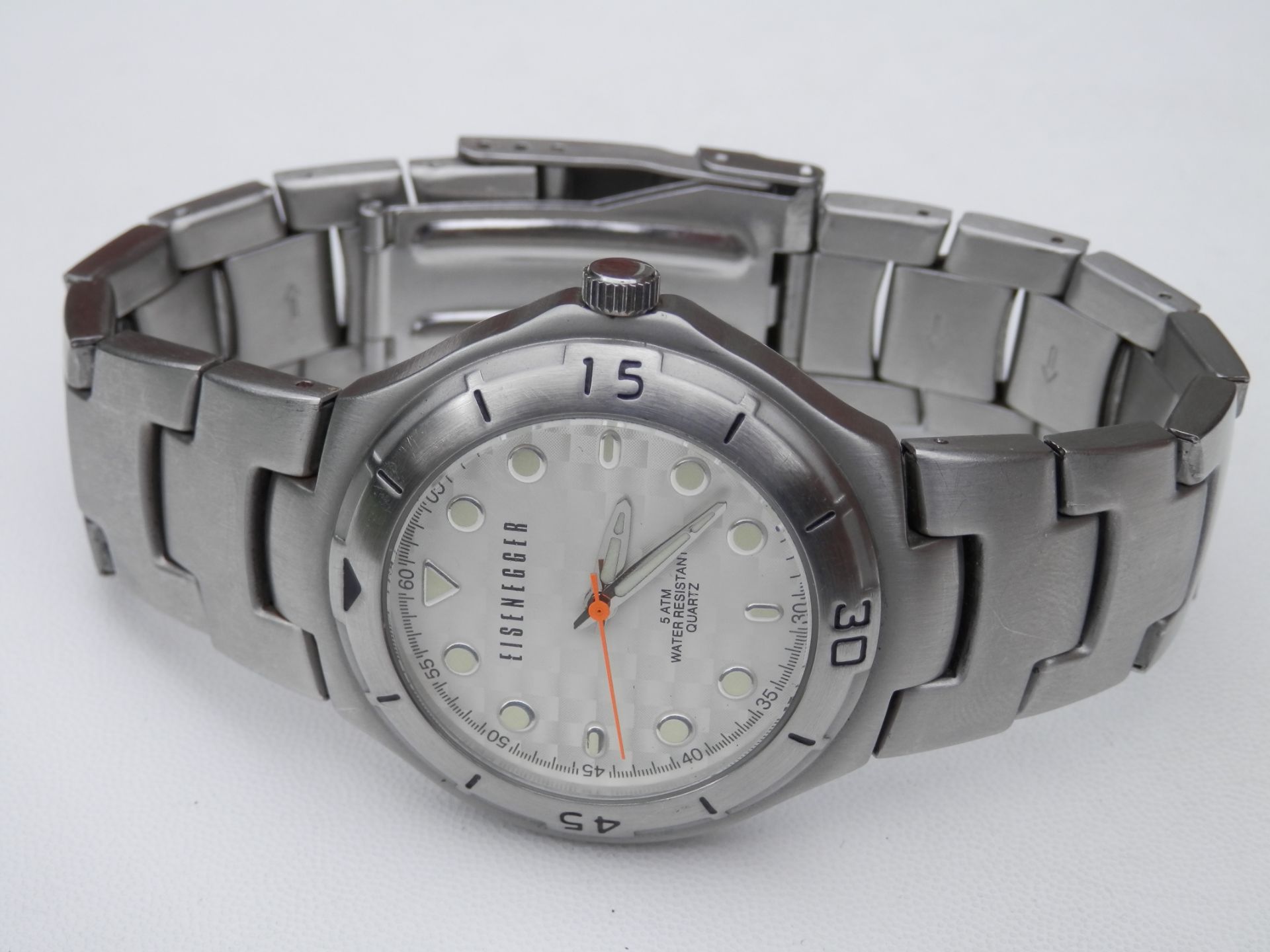 HEAVY FULL STAINLESS EISENEGGER 42MM QUARTZ 5ATM WR WATCH, WITH 8" STRAP. RRP £95 - Image 8 of 9