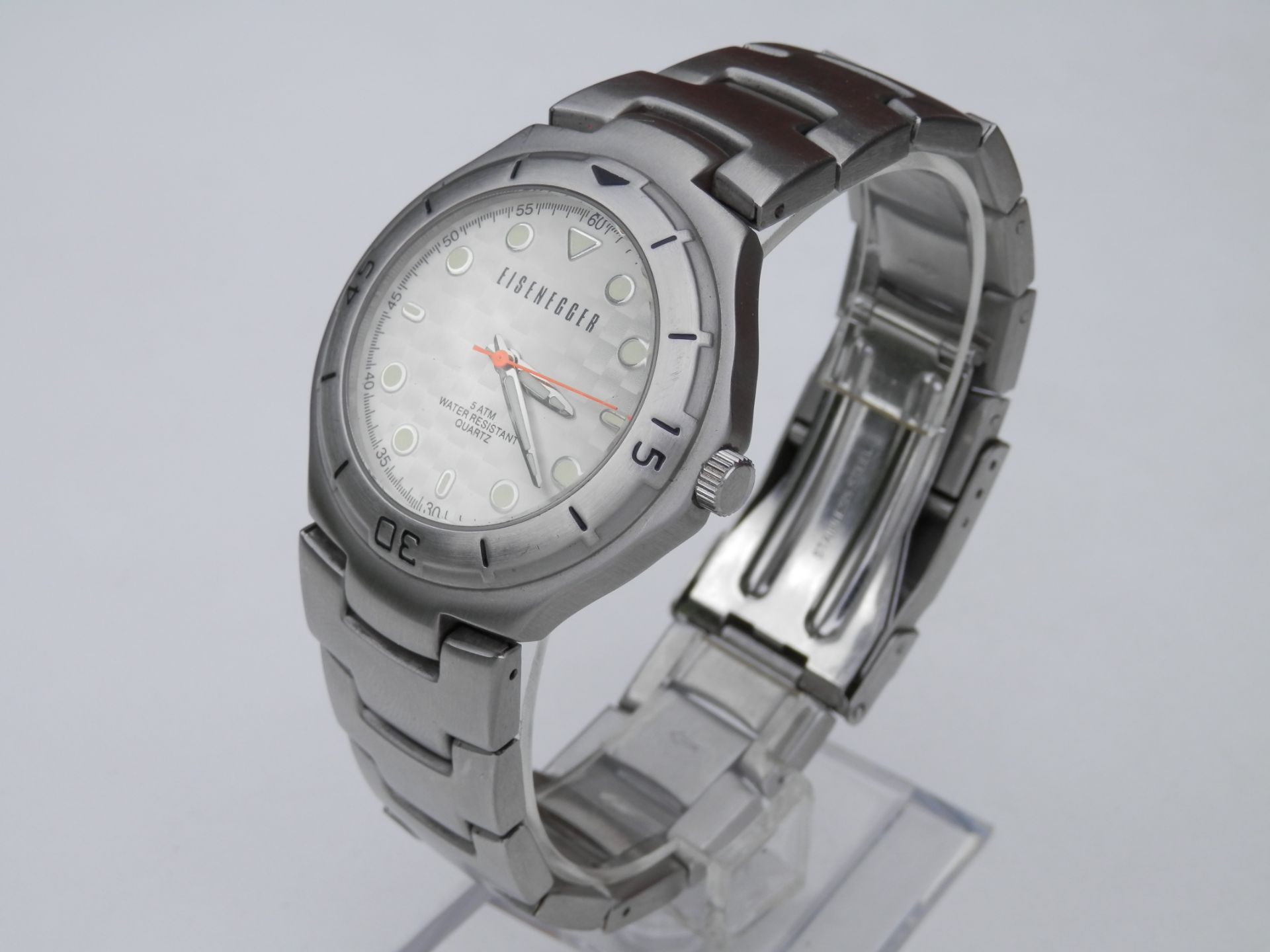 HEAVY FULL STAINLESS EISENEGGER 42MM QUARTZ 5ATM WR WATCH, WITH 8" STRAP. RRP £95 - Image 2 of 9