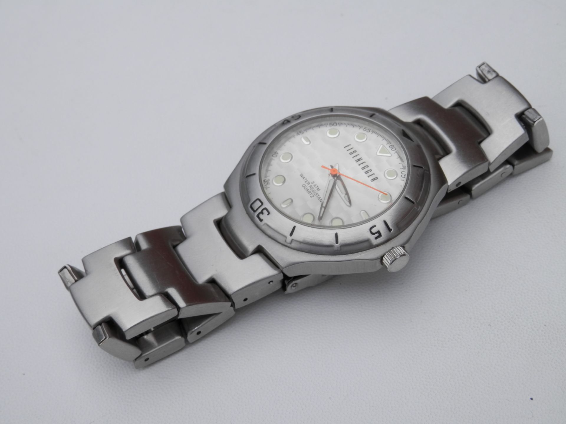 HEAVY FULL STAINLESS EISENEGGER 42MM QUARTZ 5ATM WR WATCH, WITH 8" STRAP. RRP £95 - Image 5 of 9