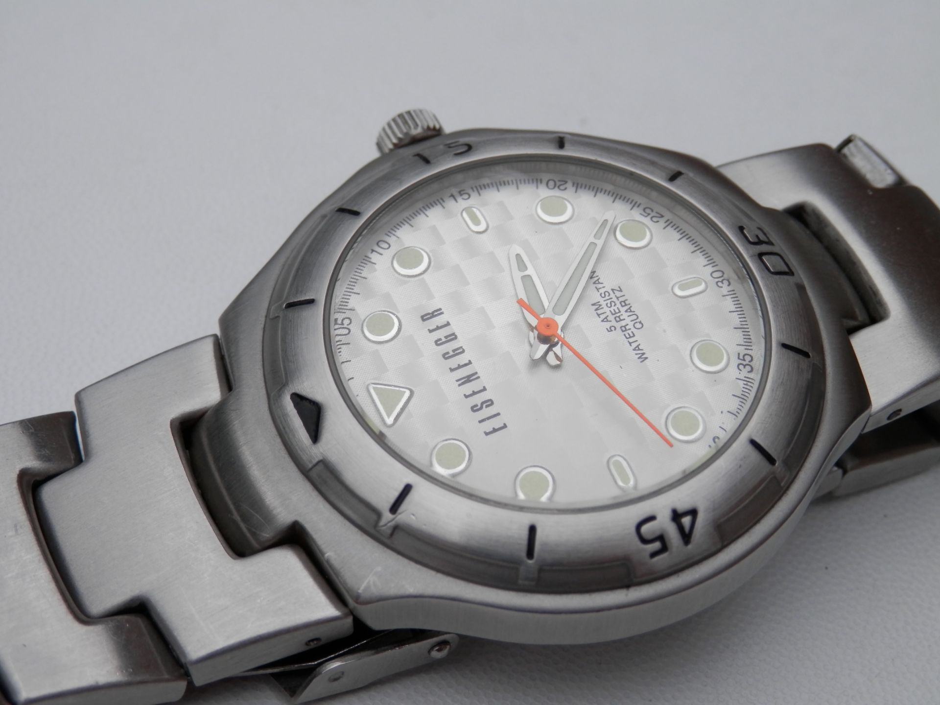 HEAVY FULL STAINLESS EISENEGGER 42MM QUARTZ 5ATM WR WATCH, WITH 8" STRAP. RRP £95 - Image 6 of 9