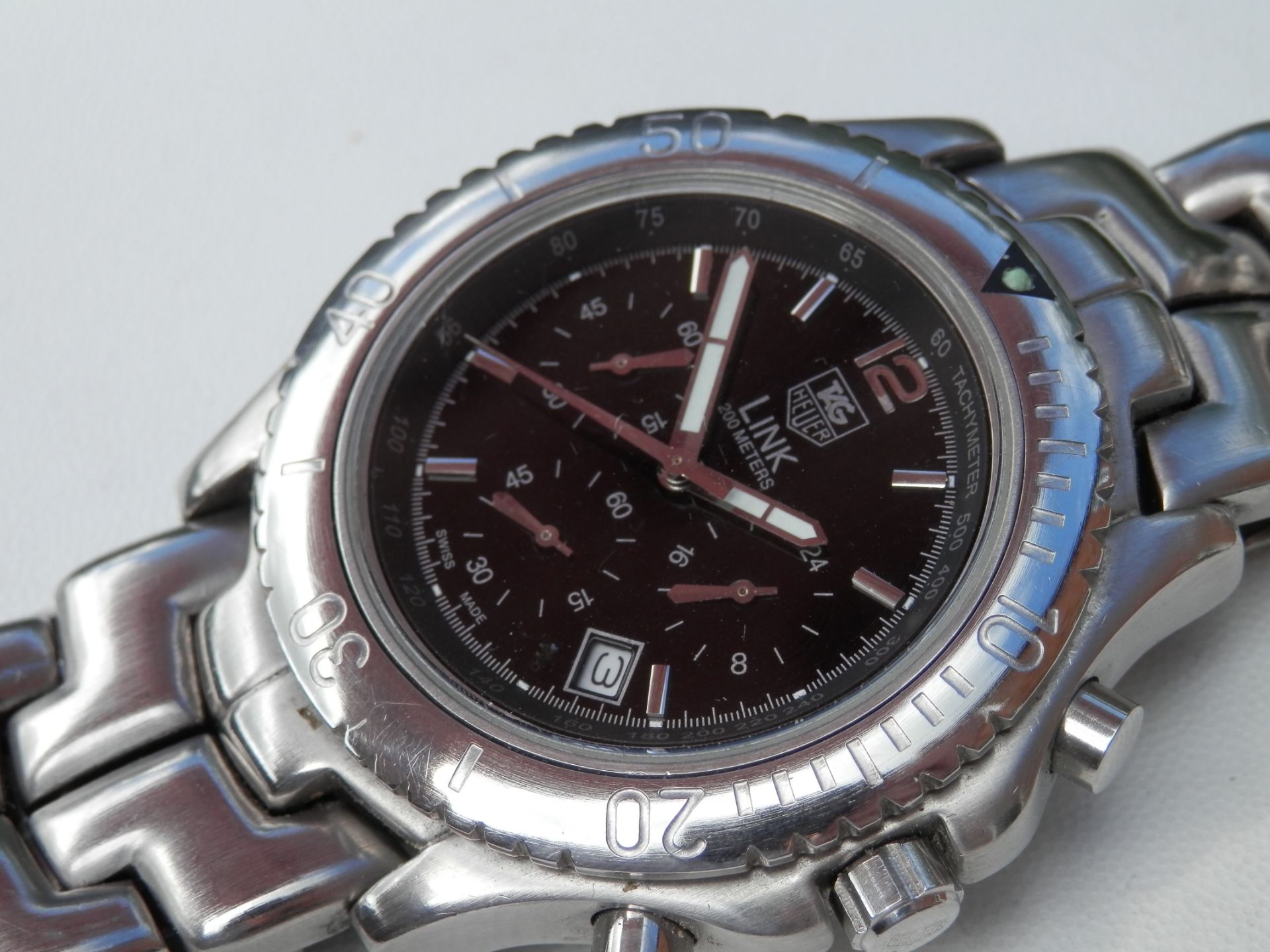 SUPERB TAG HEUER REPLICA FULL STAINLESS CHRONOGRAPH LARGE 45MM QUARTZ WATCH. 8" STRAP. BLACK DIAL. - Image 3 of 14