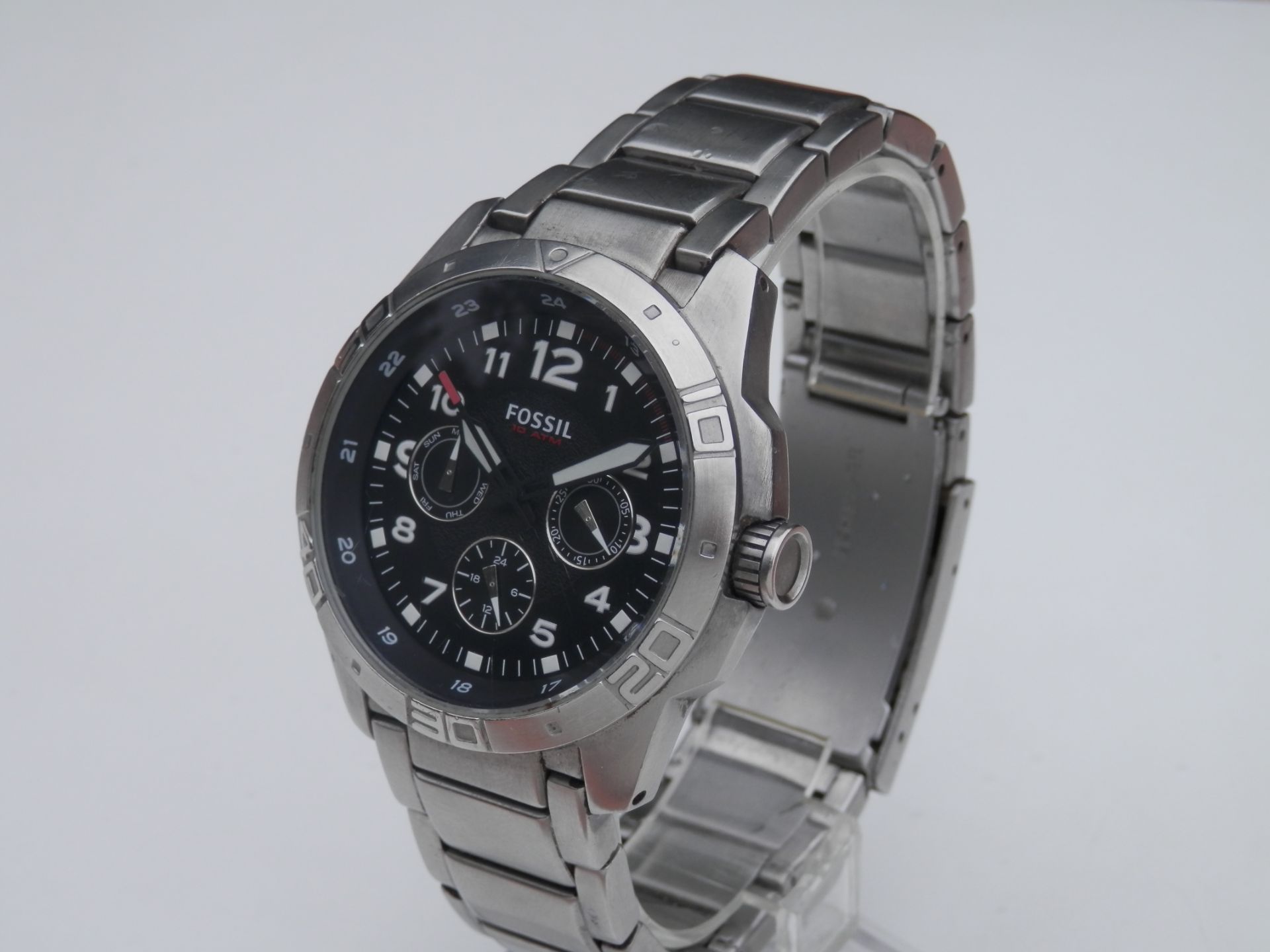 FULL STAINLESS HEAVY FOSSIL 45MM MINI DIAL DAY/DATE & 24 HOUR QUARTZ WATCH, LARGE STRAP. RRP £125 - Image 2 of 9