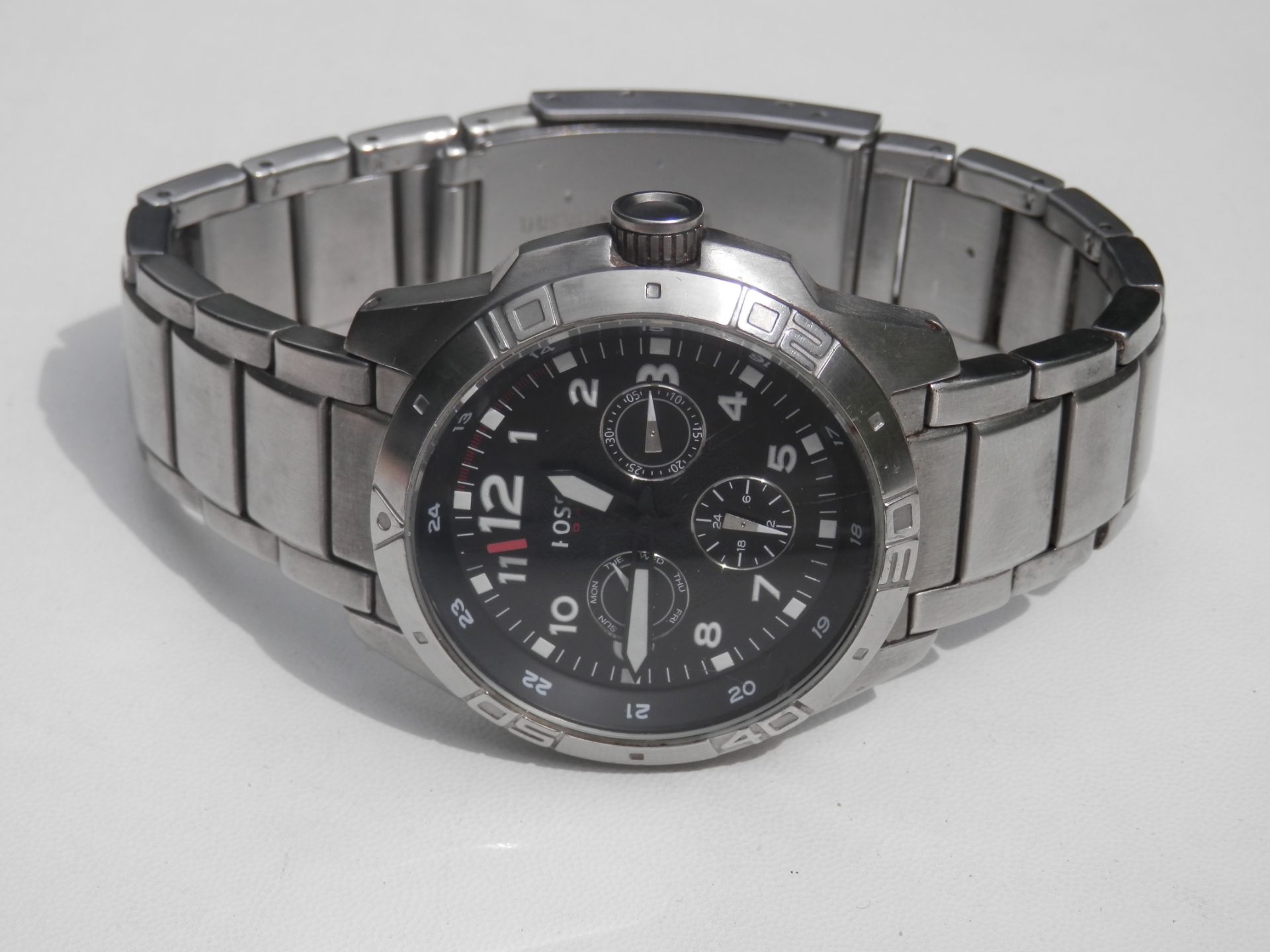 FULL STAINLESS HEAVY FOSSIL 45MM MINI DIAL DAY/DATE & 24 HOUR QUARTZ WATCH, LARGE STRAP. RRP £125 - Image 4 of 9