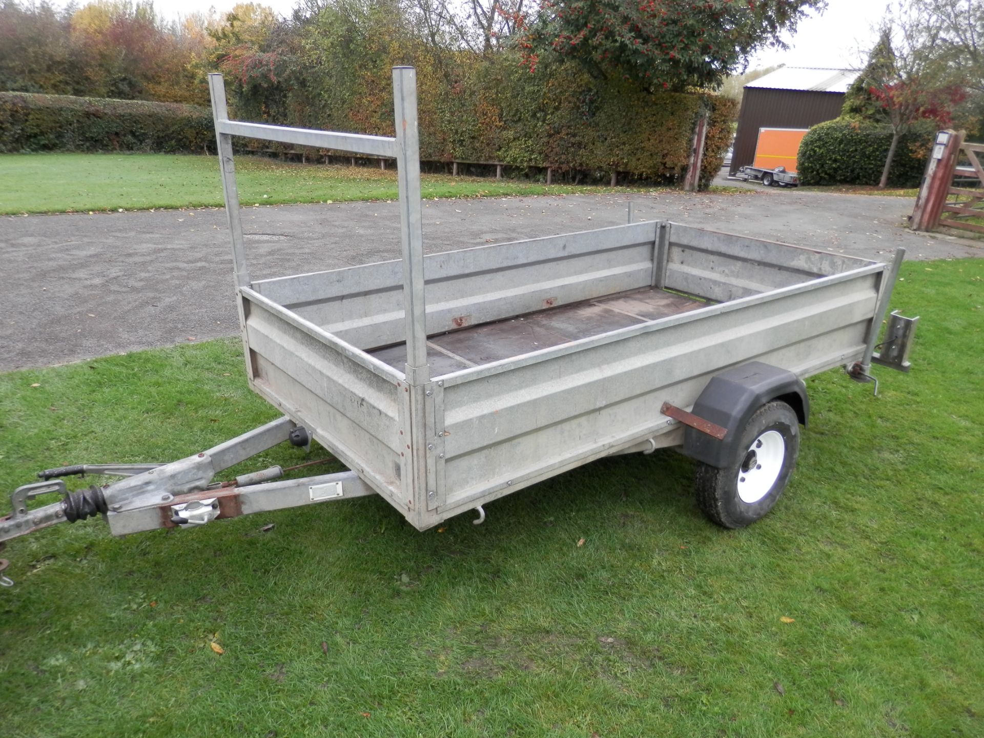 GOOD SOLID 8 X 4' GALVANIZED TRAILER, 1.5 TONNE. DROP REAR FOR EASY LOADING.