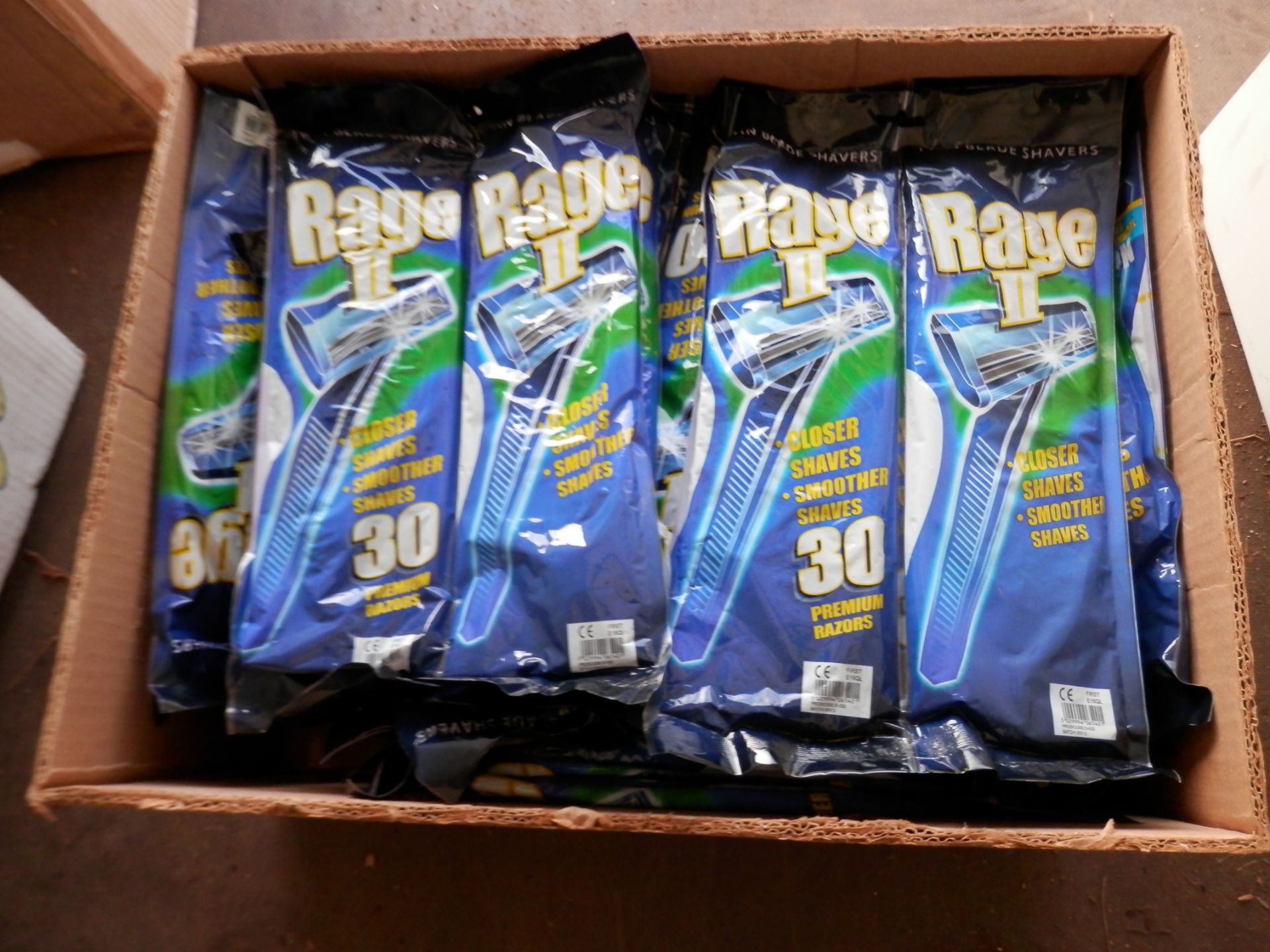 BOX OF NEW PACKAGED DISPOSABLE RAZORS. APPROX 120 PACKS OF 30 X RAZORS.