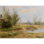 Frank McKelvey RHA RUA (1895-1974) Cattle Grazing by the River oil on canvas signed lower left 51