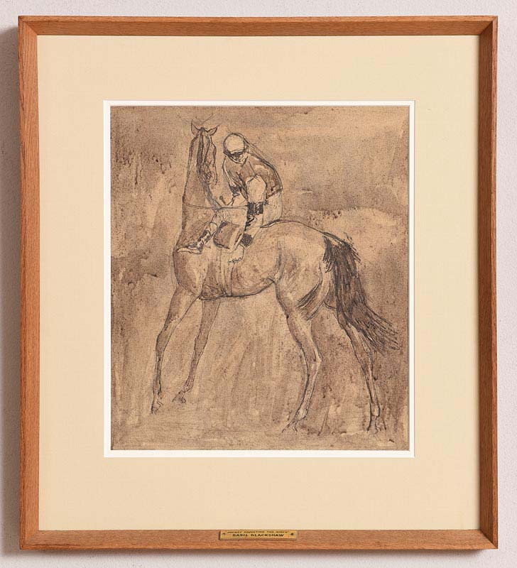 Basil Blackshaw HRHA RUA (1932-2016) Jockey Adjusting the Girth pen & ink drawing with watercolour - Image 2 of 8