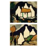 Markey Robinson (1918-1999) Cottages and Figures oil on board (a pair) each signed lower right (