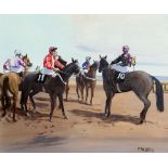 Cecil Maguire RHA RUA (b.1930) Silks at the Start, Laytown Races oil on board signed lower right,