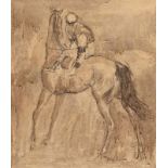 Basil Blackshaw HRHA RUA (1932-2016) Jockey Adjusting the Girth pen & ink drawing with watercolour