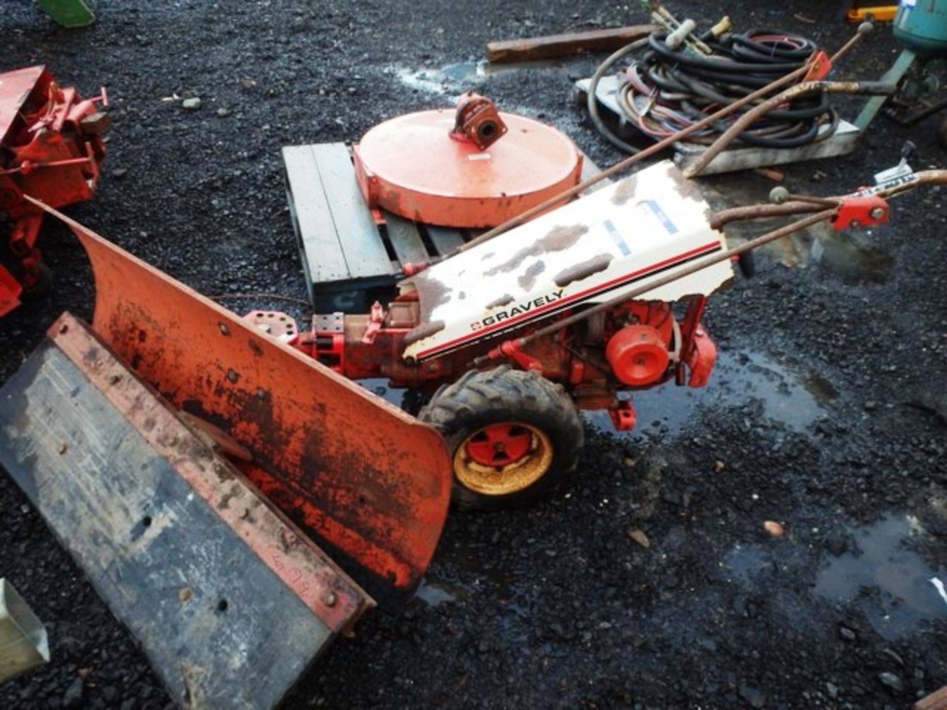 GRAVELY SNOW PLOUGH C/W ROTARY BRUSH, GRASS MOWER & SCRAPER ATTACHMENTS