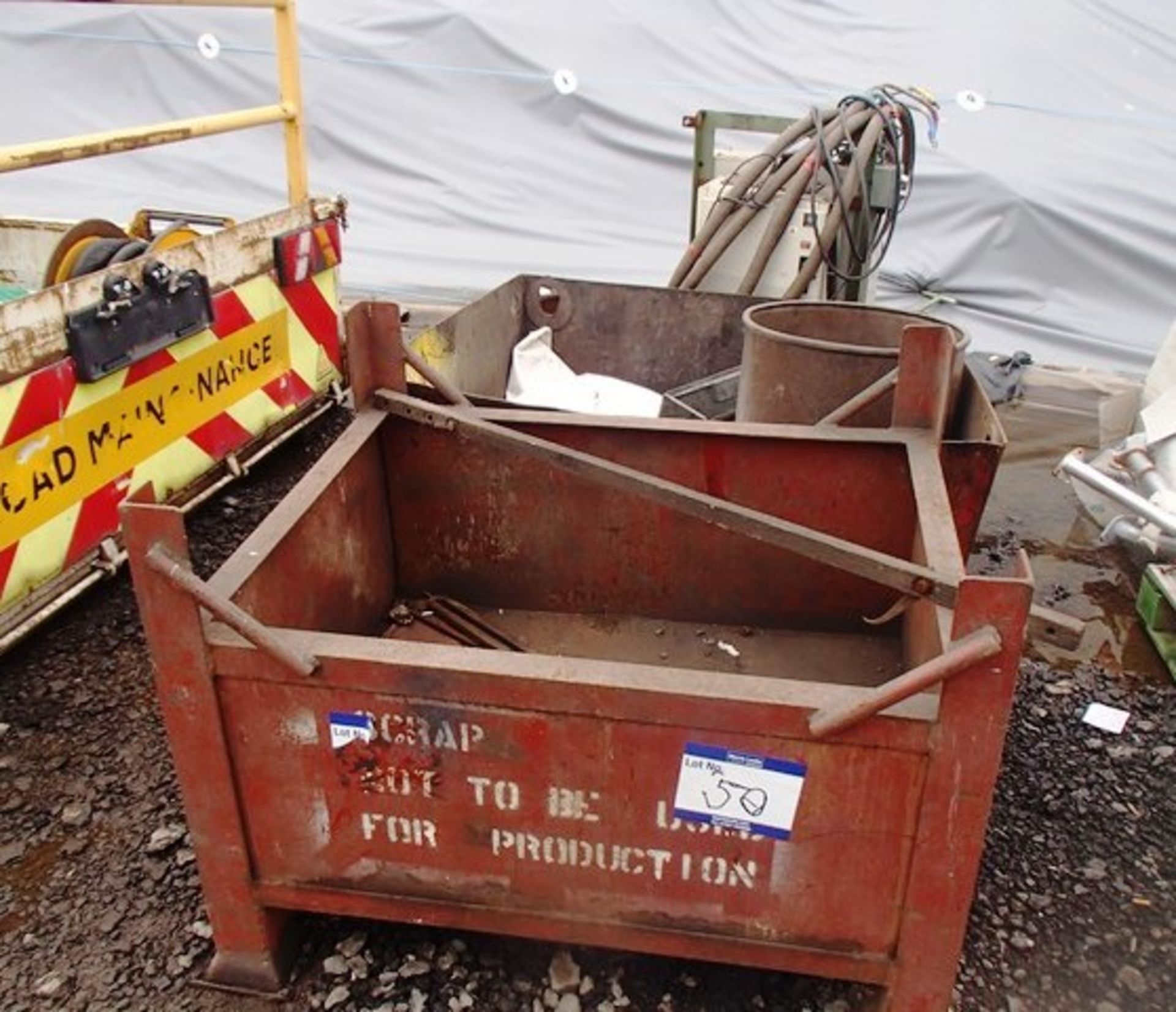 SPECIALIST TOOLS, STEEL SKIP C/W PLASTIC BUCKETS, STEEL SKIP ON LEGS, ELECTRICAL DISTRIBUTION BOX ON