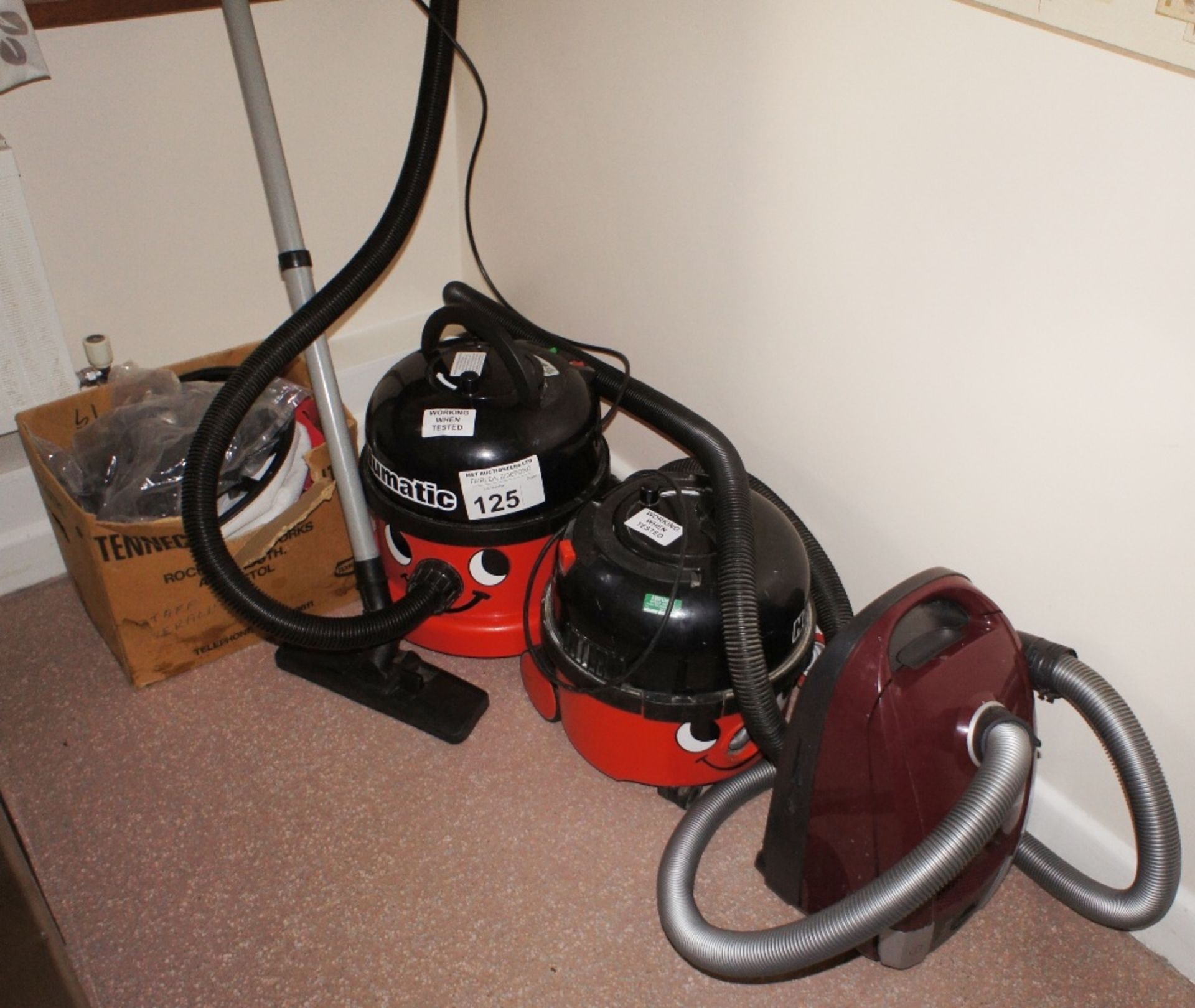 2 Numatic Henry vacuum cleaners and 1 Miele pull along vacuum cleaner (located in room 39)