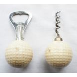 A golf ball corkscrew and matching bottle opener