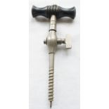A white metal Champagne tap with small black handle