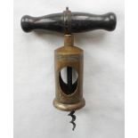 A brass open barrel corkscrew with black wooden handle