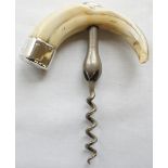 An Ivory tusk handle corkscrew with silver mount